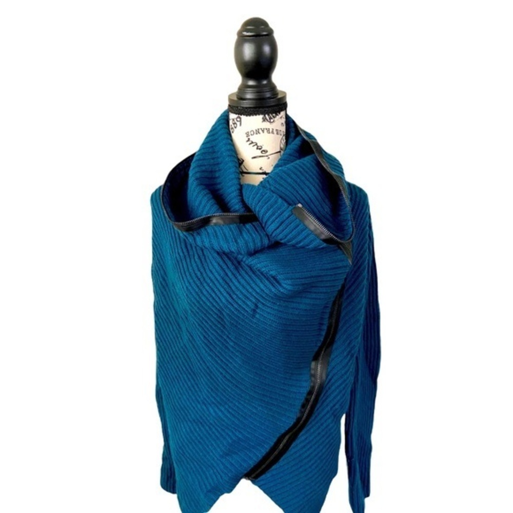 Elie tahari teal cable knit full zip cowl neck pullover long sleeve s wool